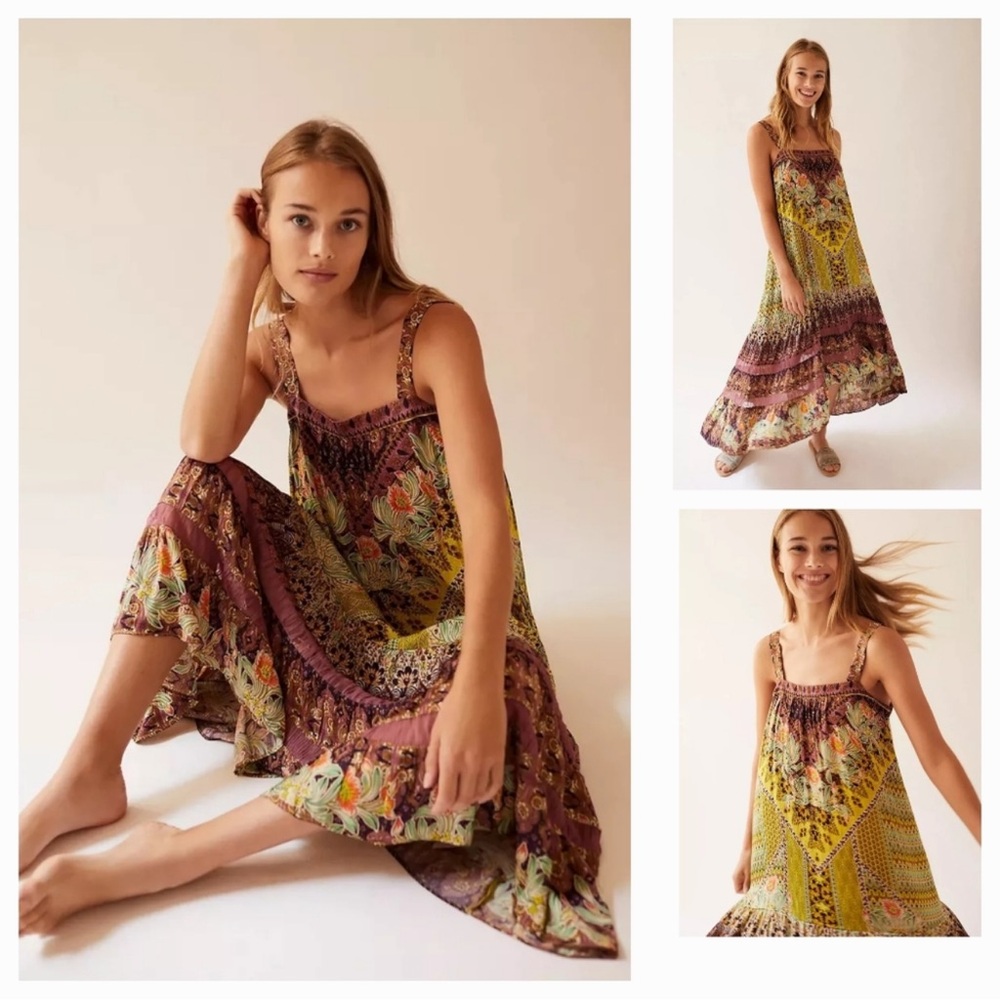 Anthropologie Lovett Tiered Maxi Dress Tunic Botanical Green